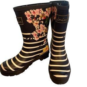 Joules Women's Molly Mid Rain Boot in Navy Floral Stripe Size US 6 NIB